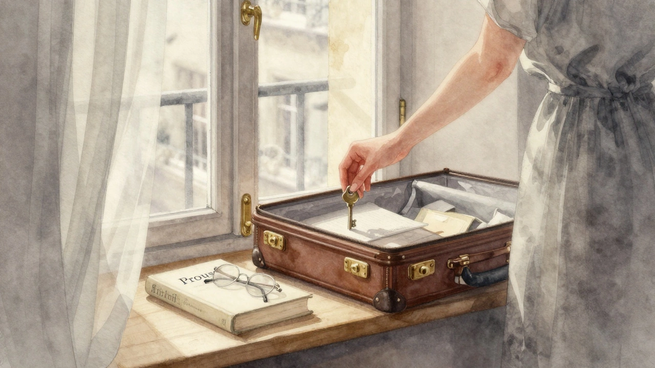 A woman&#039;s hand places a key on a windowsill beside an open suitcase and a book, sunlight streaming through curtains.