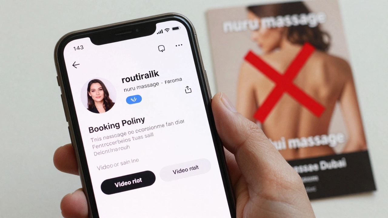 Smartphone showing a verified escort profile with clear policies, over a blurred misleading ad.