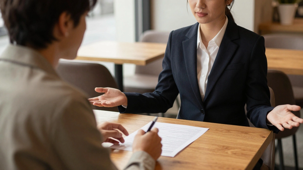 Two people in a café, one reviewing boundaries on paper while the other listens respectfully.